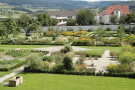 Blick über einen bunten Garten mit verschiedenen Büschen und anderen Pflanzen.